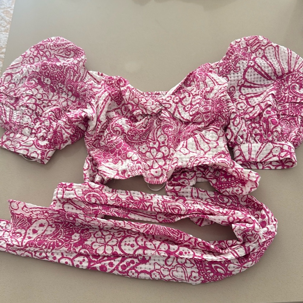 Anthropologie Maeve cropped tie back puffed sleeve top size XS